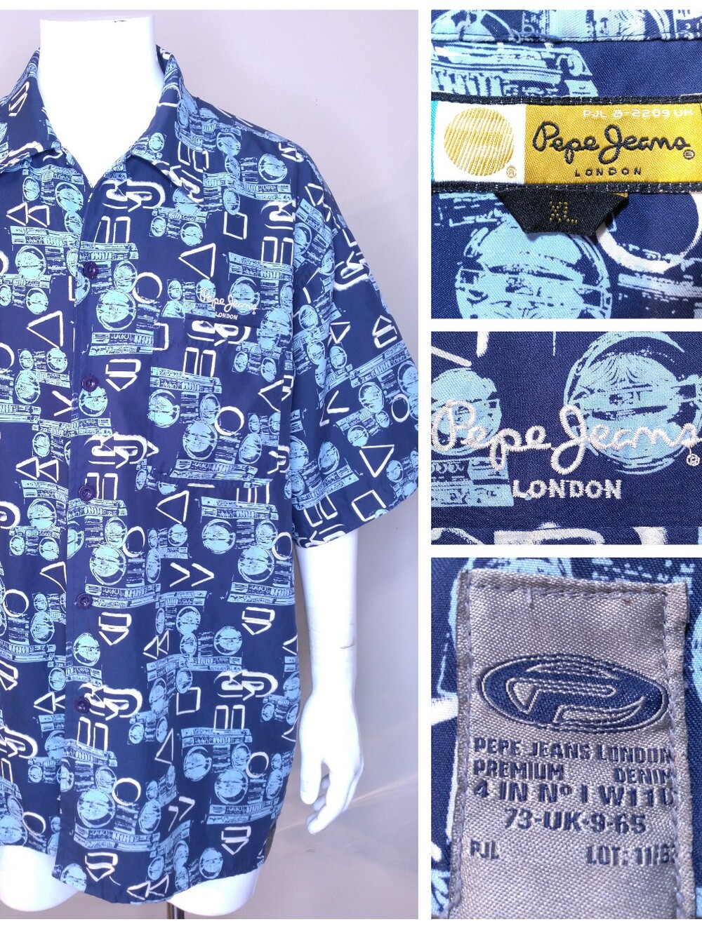 PEPE JEANS LONDON Vintage Short Sleeve Button Up Shirt XL RARE Y2K Boombox AOP